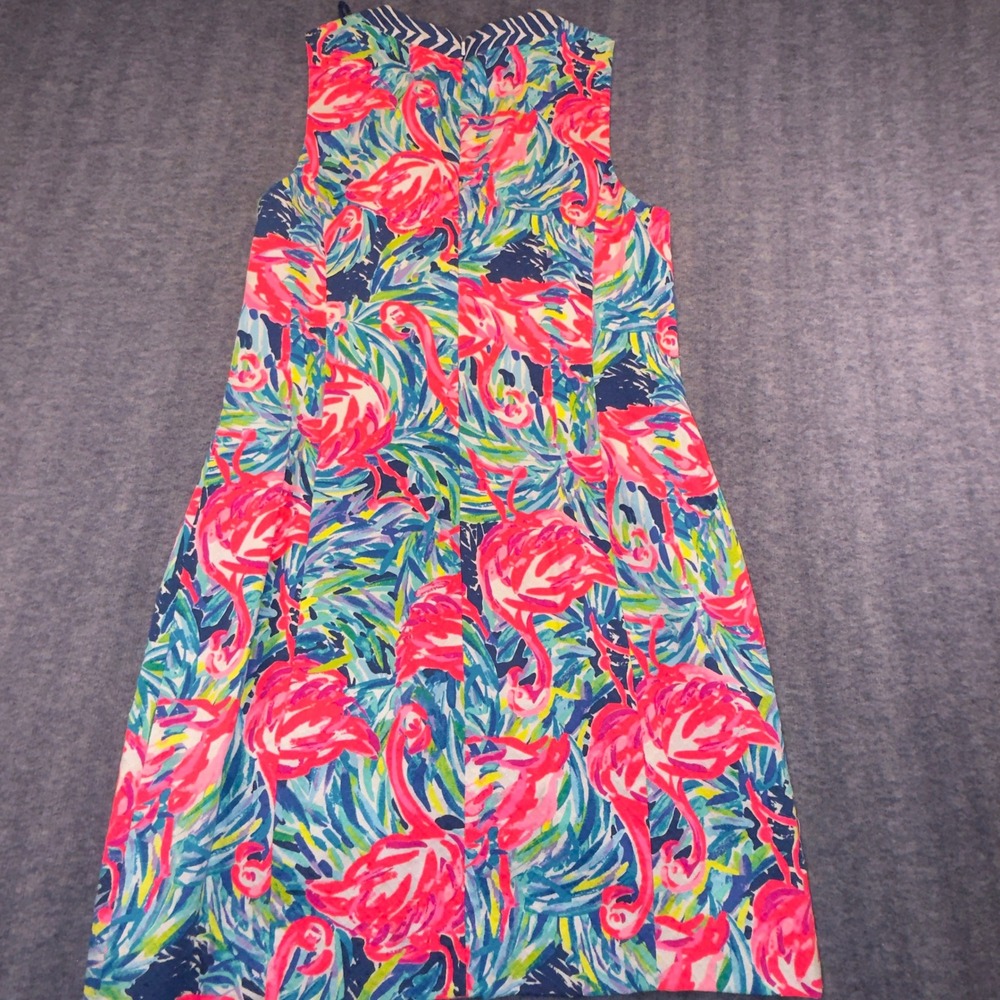 Lilly Pulitzer Pink Flamingo Tassel Lace Up Shift Dress Size 8 Navy Chevron Trim - Picture 5 of 8